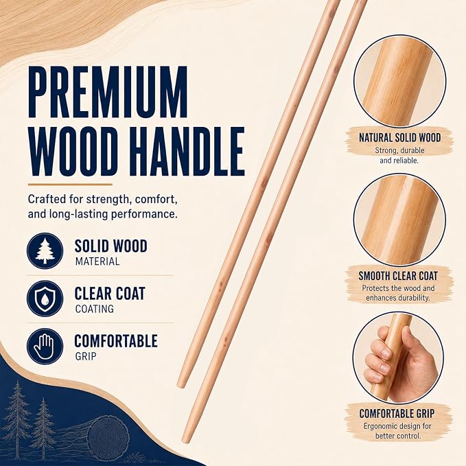 2 Pack Floor Squeegee Wooden Handle, 54 Inch Sanded Wood Broom Handle with Tapered Tip, Comfortable Grip Cleaning Replacement Accessories