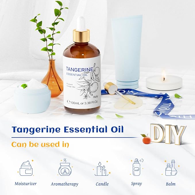 HIQILI Tangerine Essential Oil for Aromatherapy, Skin Care, Diffuser, | Blends with Body Lotion, Shampoos, Diffuser, Ideal for Candle & Soap Making Scent - 100mL / 3.38 fl oz