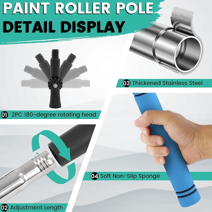 Paint Roller Extension Pole with Swivel,2Ft to11Ft Multi-Purpose Splice Extension Pole Long Handle with 180 Degree Swivel Head Window Squeegee Gutter Cleaning Tools Soft Sponge Handle (Blue)
