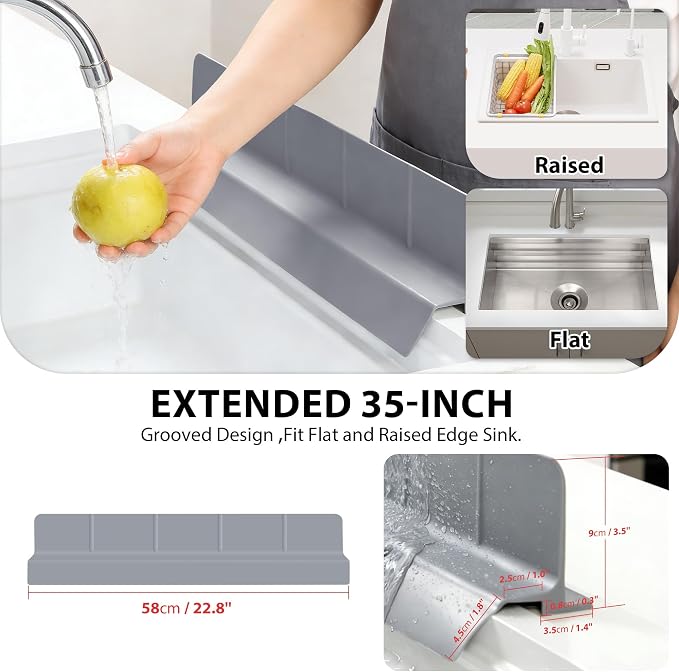 23Inch Sink Splash Guard – Extended Length & Tall Silicone Kitchen Sink Splash Guard with Overhang Drainage Design & Strong Suction Cups for Countertop (Dark Grey, 23''x3.5'')
