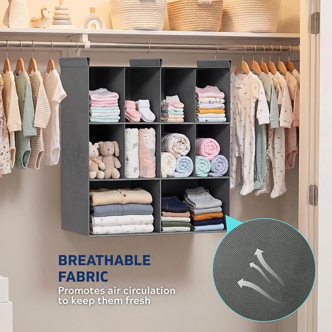 3 Tier Hanging Closet Organizer, 10 Compartments Dual Row Storage, Grey | Closet Organizers and Storage with Large & Small Pockets, 3 Sturdy Hooks Support Heavy Loads, for Dorm, RV, Garment Rack