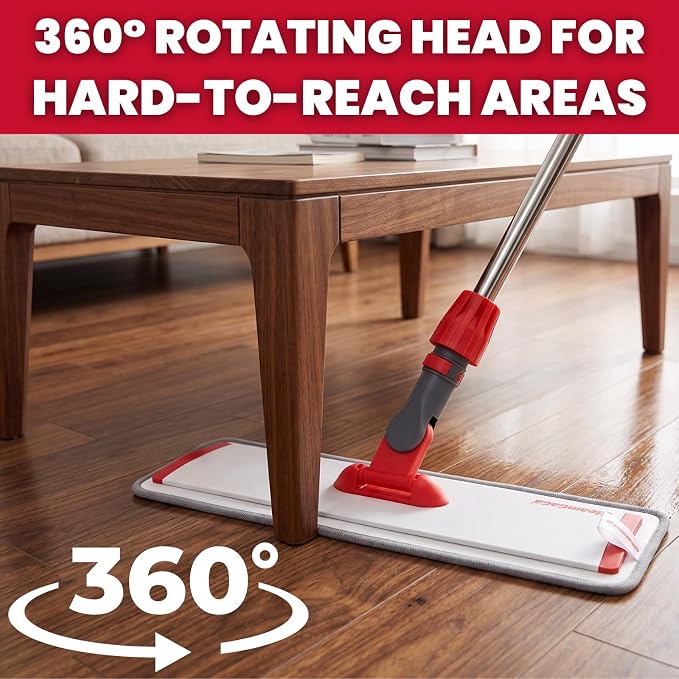 18” Professional Microfiber Mop for Floor Cleaning on Hardwood Floors | 4 Washable Mop Pads, Aluminum Alloy Flat Mop Head, Wet & Dry Use, 62" Long Handle, Pad Cleaning Scraper