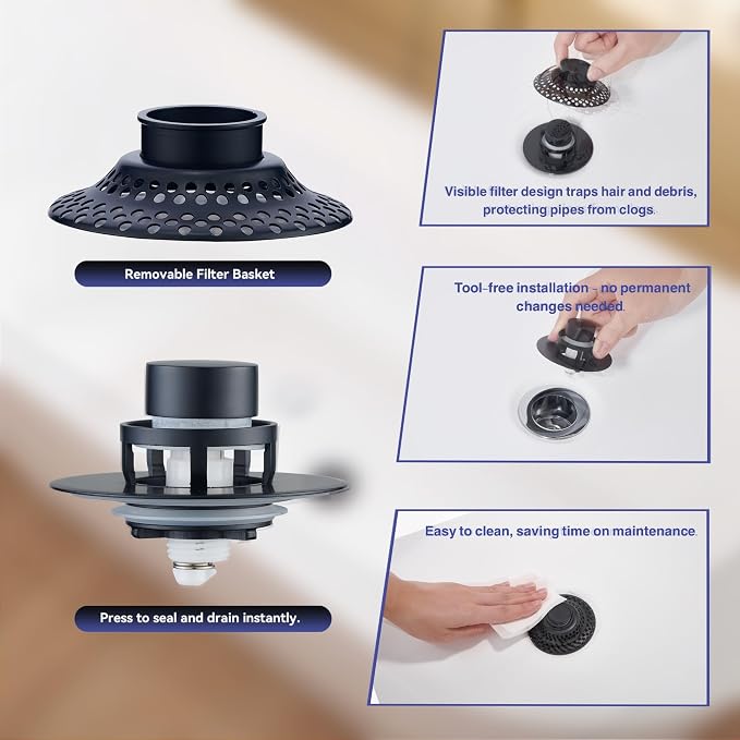 2 Pack Bathtub Drain Stopper with Removable Hair Catcher, 3-in-1 Pop-up Drain Plug Fits 1.38 to 1.8 Inch Holes, Upgrade Shower Drain Cover with Stainless Steel Filter