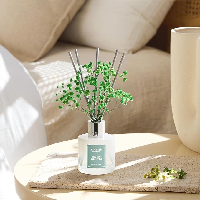 Reed Diffuser Set,3.38 fl oz (100 ml) - Wild Mint&Eucalyptus Oil Diffusers with 8 Reed Sticks, Home Fragrance Reed Diffuser for Bathroom Shelf Decor