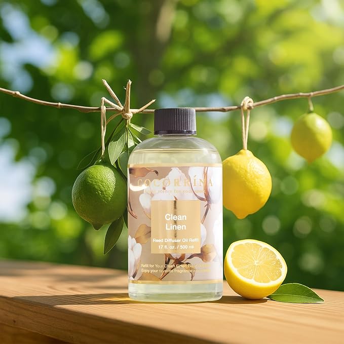Reed Diffuser Refill Clean Linen 17oz (500ml) with 8 Rattan Sticks - Premium Long-Lasting Scented Oil, Home Fragrance for Bedroom, Bathroom Home Decor