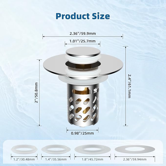 iFealClear 2 Pack All Metal Bathroom Sink Stopper, Pop Up Sink Drain Strainer with Removable Stainless Steel Filter Basket, Universal for 1.1"-2.36" Sink, Brass Bounce Core, Hair Catcher, Chrome