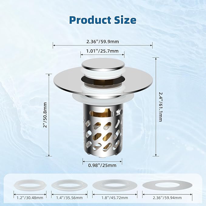 iFealClear 3 Pack All Metal Bathroom Sink Stopper, Pop Up Sink Drain Strainer with Removable Stainless Steel Filter Basket, Universal for 1.1"-2.36" Sink, Brass Bounce Core, Hair Catcher, Chrome