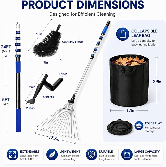 24FT Telescoping Roof Rake, 30FT Reach Leaf Rake for Leaves & Pine Needles | Complete Kit With Gutter Cleaning Attachment, Adjustable Rake Head, Flexible Brush & Storage Bag.