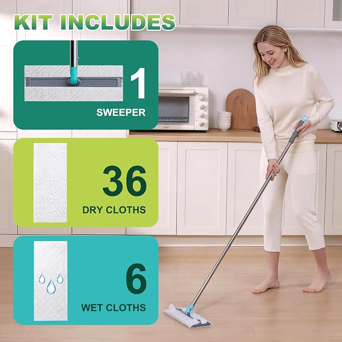 JOYMOOP Hands Free Multi Purpose Flat Mop, Dust Mop for Pet Hair and Floor, 36 Dry + 6 Wet Refills, Turquoise-Cyan & Muted Grey