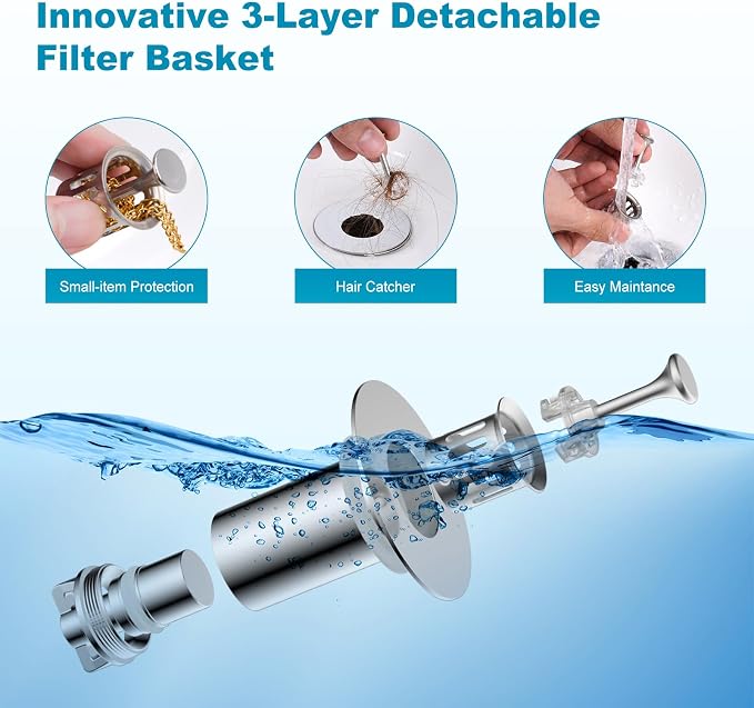 Universal Bathroom Sink Drain Strainer Hair Catcher Upgraded with Visible Top Stainless Basket, 3 in 1 Pop Up Sink Stopper for 1.1''~2.36'' Sink Basin Hole, Chrome