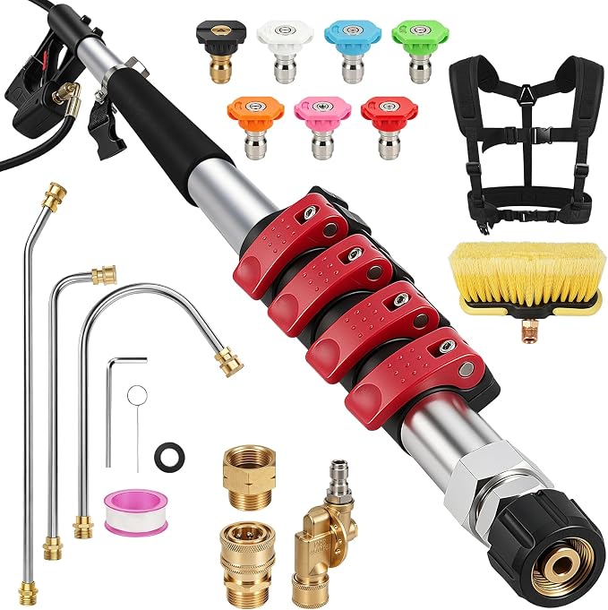 Gutter Cleaning Tools 24 FT Pressure Washer Telescoping Wand with 3 Extension Wands, Gutter Cleaner Attachment, Brush Head, 5 Spray Nozzle Tips, 3 Hose Adapters and Adjustable Support Belt