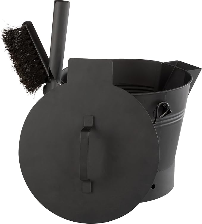 Pure Garden Ash Bucket with Lid, Broom, and Shovel, Black, 11”x12.2”x11” | 2.11-Gallon Metal Bucket for Fireplace or Firepit Ashes, Fireplace Tools