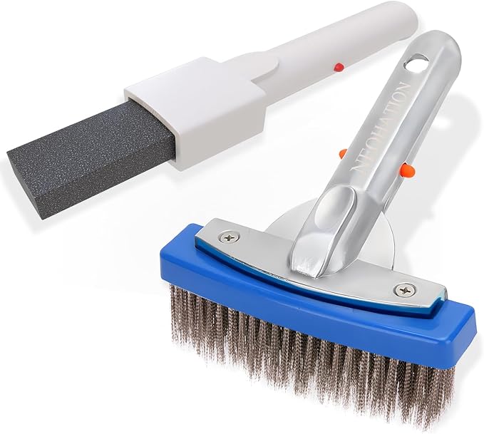 Pool Pumice Stone and 5 inch Stainless Steel Pool Brush Set with EZ-Clip Handle to Reomve Erase Rust Stain Spot in Concrete Plaster Pool Spa and Calcium Deposit on Pool Tile