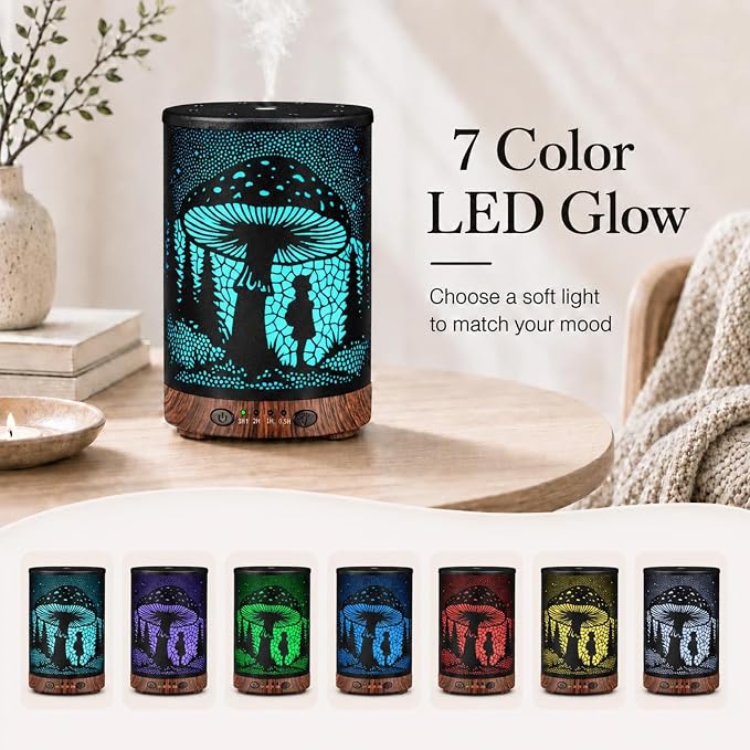 Essential Oil Diffuser 120ML Metal Aromatherapy Diffuser with Timer, Cool Mist Humidifier with Auto Shut-Off & 7 Color Lights for Home Office Spa (Mushroom Girl)