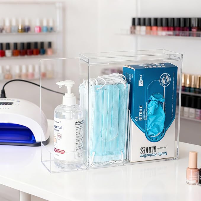 SEANADO Face Mask Dispenser 3 Compartment Acrylic Glove Box Holder Hygiene Station for Disposable Face Masks, Emesis Bag, Shoe Cover and Hairnet, Wall Mount Holes or Tabletop Holder （Clear）