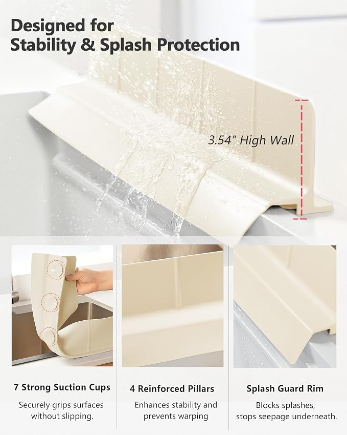 Kitchen Sink Splash Guard 30" 18" 23" Self-Draining Silicone Water Guard with High Splash Wall & Strong Suction Cups for Faucet, Countertop & Sink Edge, Keeps Sinks Dry, Dishwasher Safe,Cream