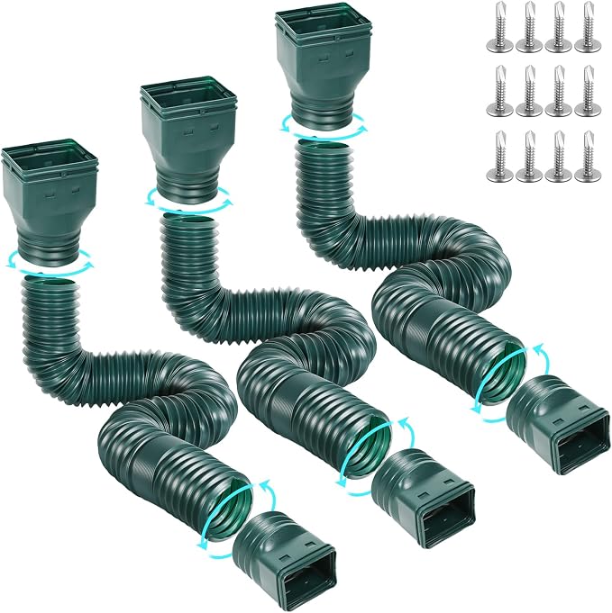 Gutterlix 3 Pack Flexible Gutter Downspout Extensions Extendable from 21" to 67", Downspout Extender Comes with Adapters, Thickened Down spout Drain Extension for Rainwater Drainage(Green)