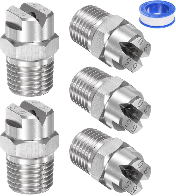 M METERXITY 5-Pack Flat Fan Spray Tip, 65 Degree 1/4BSPT Male Stainless Steel Pressure Washer Nozzles Cleaner Nozzle Replacement W Sealing Tape for Water Guns (3.6mm Orifice)