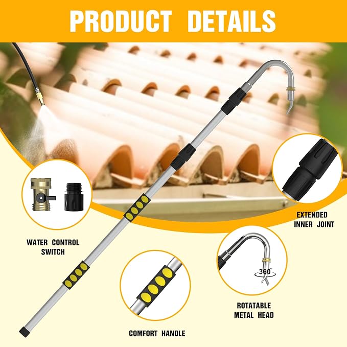 Gutter Cleaning Tools from The Ground, 24FT Reach Rain Cleaner with Bendable Wand and Quick Connect Adapter for Garden Hose