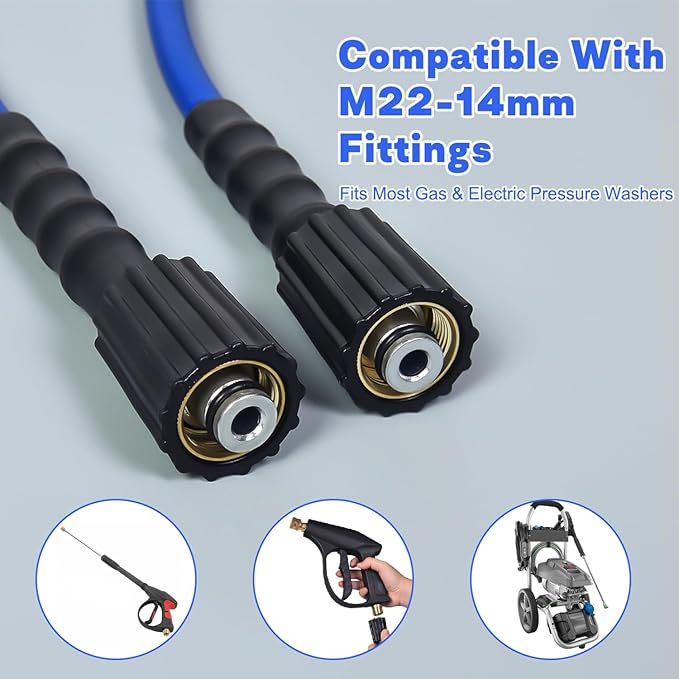 Pressure Washer Hose 50 FT 1/4" ID, Kink Resistant Power Washer Hose with M22 Fittings, Rated up to 3200 PSI