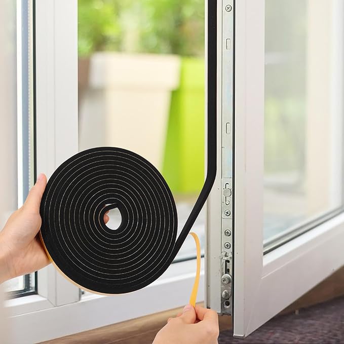 32Feet Weather Stripping (1/2 Inch X 1/16 Inch) Door Seal Strip, Strong Adhesive, Lightproof, Soundproof, Weatherproof Foam Tape Insulation for Sliding Door, Front Door Frame, Windows- Black