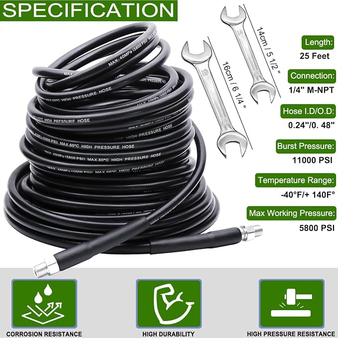 WEST BAY Sewer Jetter Kit 25 FT for Pressure Washer, 5800 PSI Drain Cleaner Hose 1/4 Inch NPT Corner Rotating and Button Nose Sewer Jetting Nozzle Spanner WatertightTape Pearl Corsage Pin