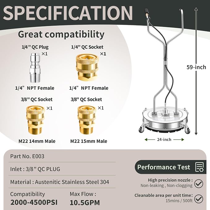 LidoDola 24'' Pressure Washer Surface Cleaner, Power Washer Accessory | Stainless Steel Body, Dual Handles, 4 Replacement Nozzles, Ideal for driveways, decks & patios—clean effortlessly