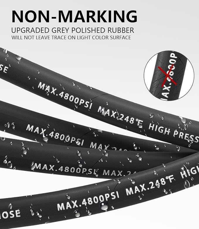 3/8" Pressure Washer Hose 50FT 4800 PSI, Kink Resistant Steel Braided Layer & NonMarking Rubber for Hot/Cold Water, High Power Washer Hose With 3/8 Inch Quick Connect & M22 Fitting, Black