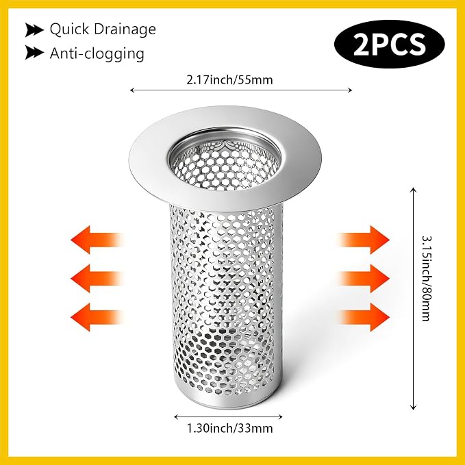 Bathroom Sink Drain Strainer, Bathtub Drain Hair Catcher, 304 Stainless Steel Shower Drain, Deep Basket Cover, Anti-Clog for Pet Hair, Universal Tub Drain Filter