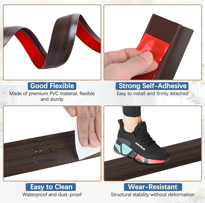 Vinyl Door Threshold Flooring Transition Strip Self Adhesive Carpet Edging Strip for Laminate Doorway Edge Threshold from 3/5" to 4/5" (Brown Wood Grain, 3.3 Ft)