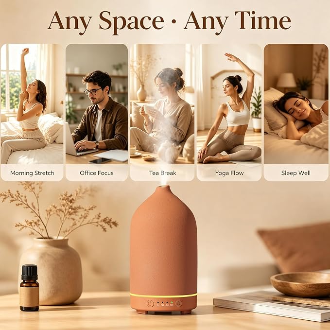 200ML Ceramic Essential Oil Diffuser for Home, Stone Diffuser | Ultrasonic Aromatherapy Diffuser & Air Humidifier for Bedroom, Office, Yoga, 7 LED Lights, Auto Shut-Off, 3 Timers, Brown
