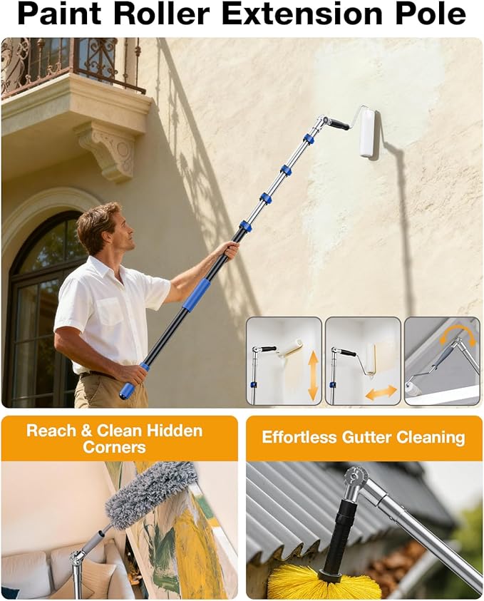 Telescoping Pole, 4-16 Ft with Joint Angle & Squeegee Adaptor, Aluminum Telescopic Paint Roller Extension Pole & Extendable Pole, Anti-Slip Foam Grip, Multi-Purpose Gutter Window Dust Cleaning Pole