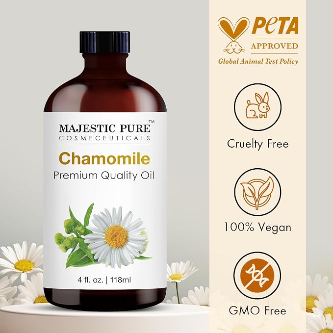 Majestic Pure Chamomile Essential Oil for Diffuser - 4 Fl Oz | 100% Natural Essentials Oils Ideal for Humidifier, Air Freshening, Cleaning Home, Bath, Steam Inhalation and Massage