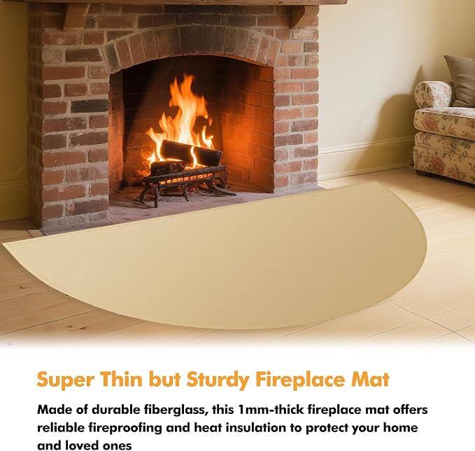TOHONFOO Fireplace Mat for Home Protection, 4' x 2'4" x 0.04'', Khaki | 1800°F fireplace rugs fireproof, fiberglass hearth rugs for fireplaces fire resistant protect against embers, easy to clean