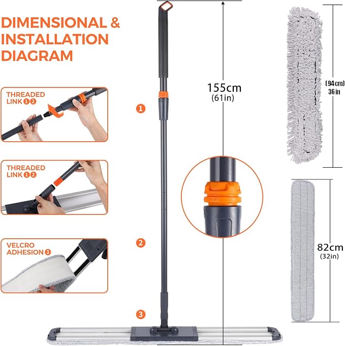 36 inch Microfiber Mop Heavy Duty Flat Dust Mop for Cleaning Floors | Deep Cleaning for Hardwood Tile Laminate Includes 3 Reusable Washable Pads and Adjustable Long Handle