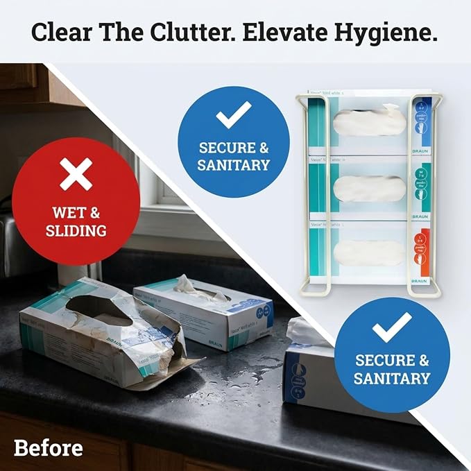 Triple Glove Box Holder for Wall Mount, Metal Dispenser - PERFORMORE | Disposable Glove Dispenser, Holds 3 Boxes, Powder-Coated Wire Rack, Fits Tissue Boxes, Hardware Included, White