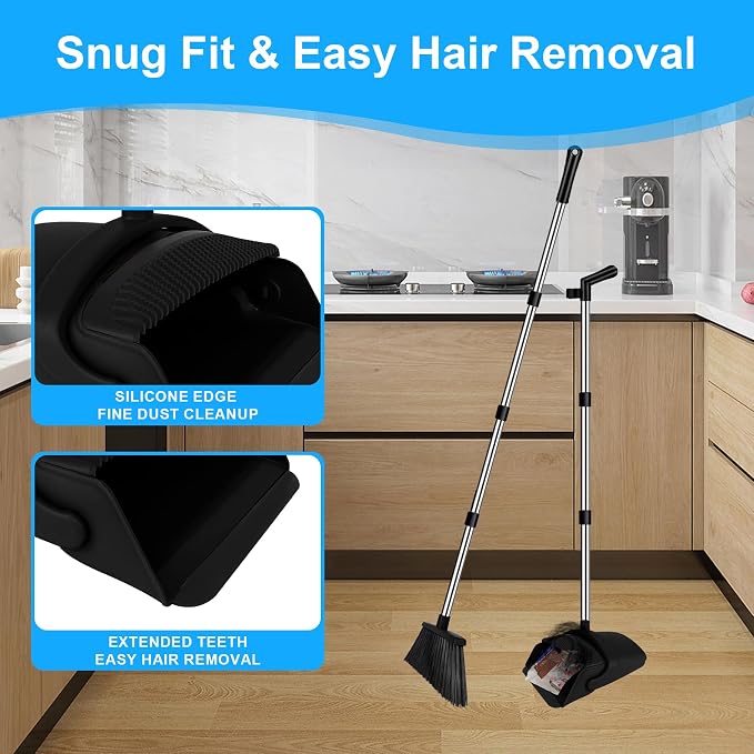Broom and Dustpan Combo Set, 51" Long Handle with Squeegee | Black Complete Cleaning Kit, Floor Squeegee for Wet & Dry Messes, Built-in Comb Dustpan for Home & Pet Areas