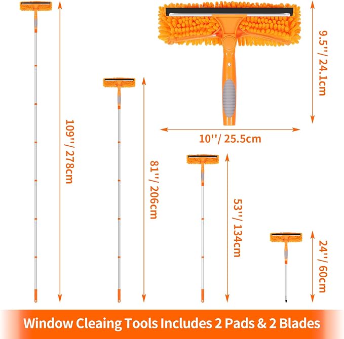 109" Window Cleaning Squeegee Kit, Professional 2 in 1 Squeegee Window Cleaner with Extension Pole, Window Washing Kit with 2 Blade 2 Pads for Indoor & Outdoor High Windows Car Glass
