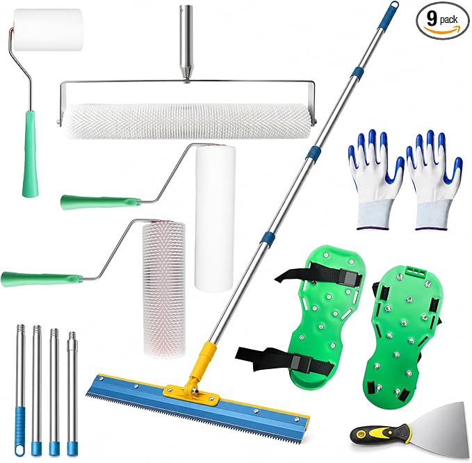 Complete Self-Leveling Concrete Tool Kit with Spiked Rollers | Includes 9 and 20 in spiked rollers, splash guard, extension poles, putty knife and spiked shoes