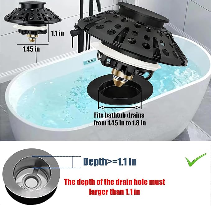 AzWzz Bathtub Drain Stopper, Pop Up Tub Stopper Plug with Bathtub Drain Hair Catcher Cover, Universal for 1.45 in to 1.8 in Tub Drain, Matte Black