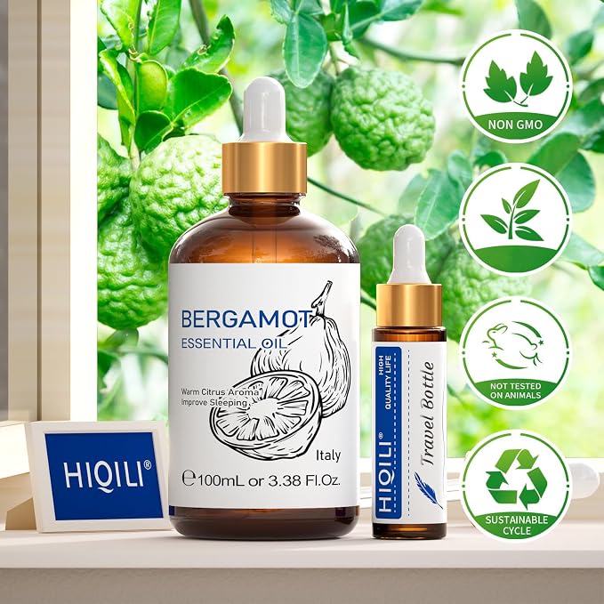 HIQILI Bergamot Essential Oil for Diffuser, Skin & Hair | Creates a Calming Atmosphere for Home and Office, Works for Skin, DIY and More, with 10ml Travel Bottle -100ml / 3.38 fl oz
