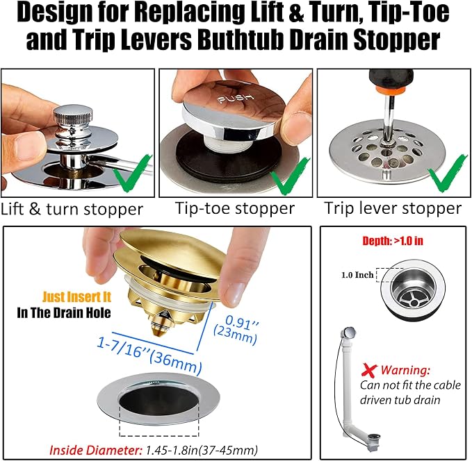 Anlige Bathtub Drain Stopper, Pop Up Tub Stopper and Cover, Bottom with Hair Catcher, Universal for 1.45 in to 1.8 in Drain, Replaces Old Drain Plug, Brushed Gold