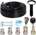 50FT Sewer Jetter Kit for Pressure Washer 5800PSI Drain Cleaner | 1/4" NPT Hose with 4 Jetting Nozzles Handle Strap Waterproof Tape and Spanners for Drain Cleaning