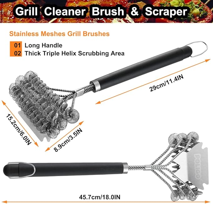 POLIGO BBQ Grill Cleaning Brush Bristle Free & Scraper - Triple Helix Design Barbecue Cleaner - Non-Bristle Grill Brush and Scraper Safe for Gas Charcoal Porcelain Grills - Ideal Grill Tools Gift