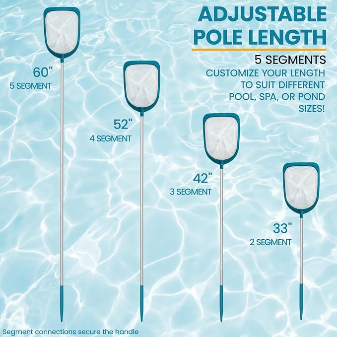 POOLWHALE Pool Skimmer Net with Adjustable 48" Aluminum Pole, Fine Mesh Medium-Depth Net for Above Ground Pools, Ponds, Hot Tubs, Spas and Fountains for Leaf and Debris Removal