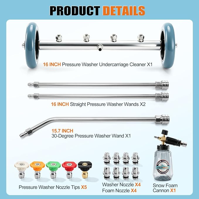 16 IN Under Carriage Pressure Washer Water Broom with Foam Cannon 4000PSI | Pressure Washer Undercarriage Cleaner Attachment, Power Washer Surface Cleaner for Car Wash, SUVs, Driveway, Sidewalk