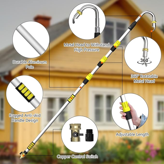 Buyplus 16FT(24FT Reach) Telescopic Gutter Cleaning Tools from The Ground, Rain Gutter Cleaners Tool with 360°Rotatable Metal Nozzle, Extension Pole, Hose Attachment, Watering Wand for Garden Hose