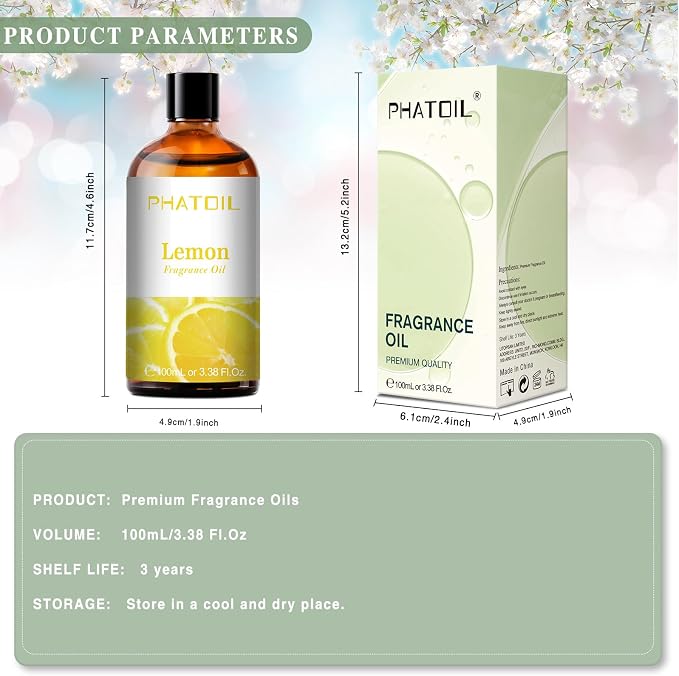 PHATOIL Lemon Fragrance Oil for Diffuser Aromatherapy 3.38FL.OZ | Long Lasting Scented Oils For Humidifier, Air Freshener, DIY Soap Candle, Scent Project Making, Aroma Oil for Home Freshening