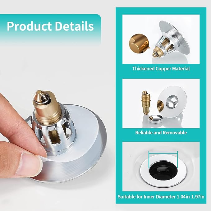 Sink Stopper, Bathroom Sink Drain Strainer with Hair Catcher, for 1.04’’~1.97’’ Drain Hole, Brass Universal Drain Cover, Pop Up Basin Plug