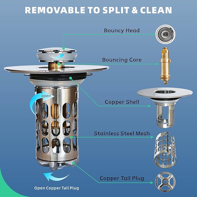 All Metal Pop-Up Stopper(1 Pack，Chrome) Bathroom Sink Drain Strainer Hair Catcher 304 Stainless Steel Filter Basket Brass Bullet Core for Washbasin with a Drainage Outlet of Size 1.1"-1.5"